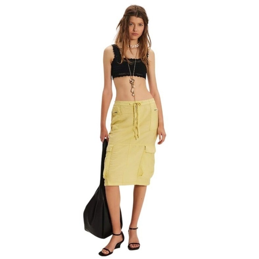 Free People Cargo Evie Midi Skirt Women size 0 (XS) Yellow Utility Drawstring
